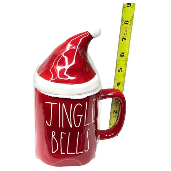 NEW Rae Dunn Jingle Bells Ceramic COFFEE MUG + TOPPER Cover Lid Santa Hat Red - Picture 3 of 5